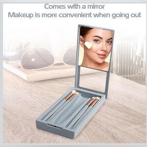 Portable Travel Makeup Brush Set with Mirror - Light Gray
